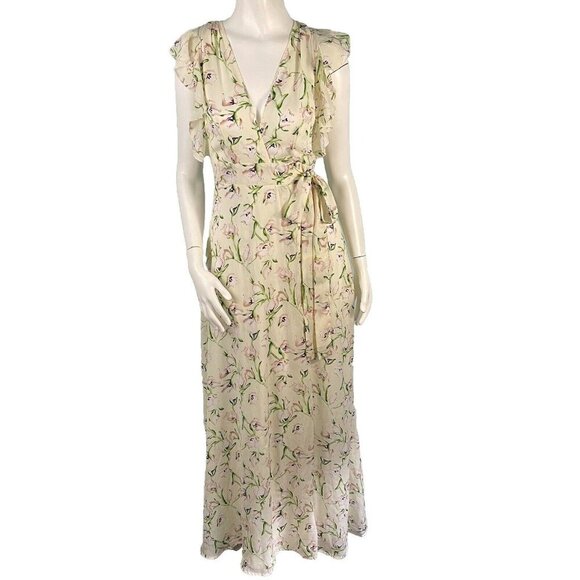 Boohoo Sleeveless Floral Frill Wrap Maxi Dress US 10 Ivory Cocktail Resort - Picture 1 of 14